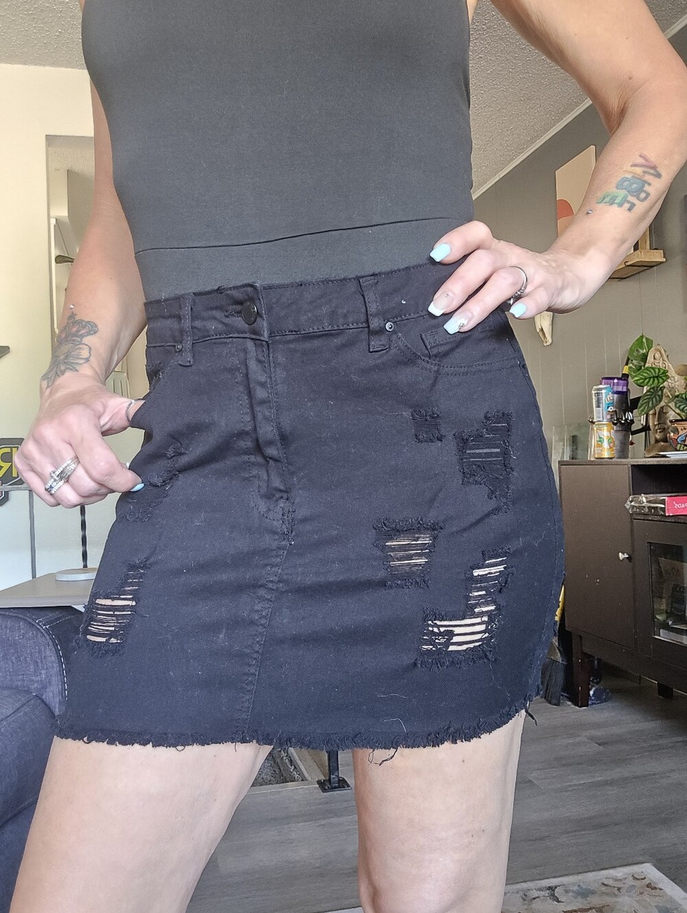Wax Jeans.Black Distressed Denim Mini Skirt - Women's Fashion